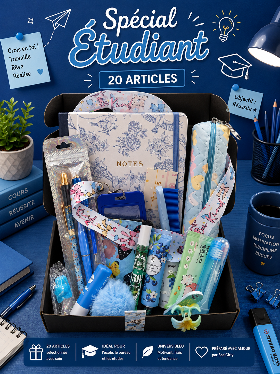 Coffret Spécial Étudiant Bleu – 20 Articles de soins et de papeterie