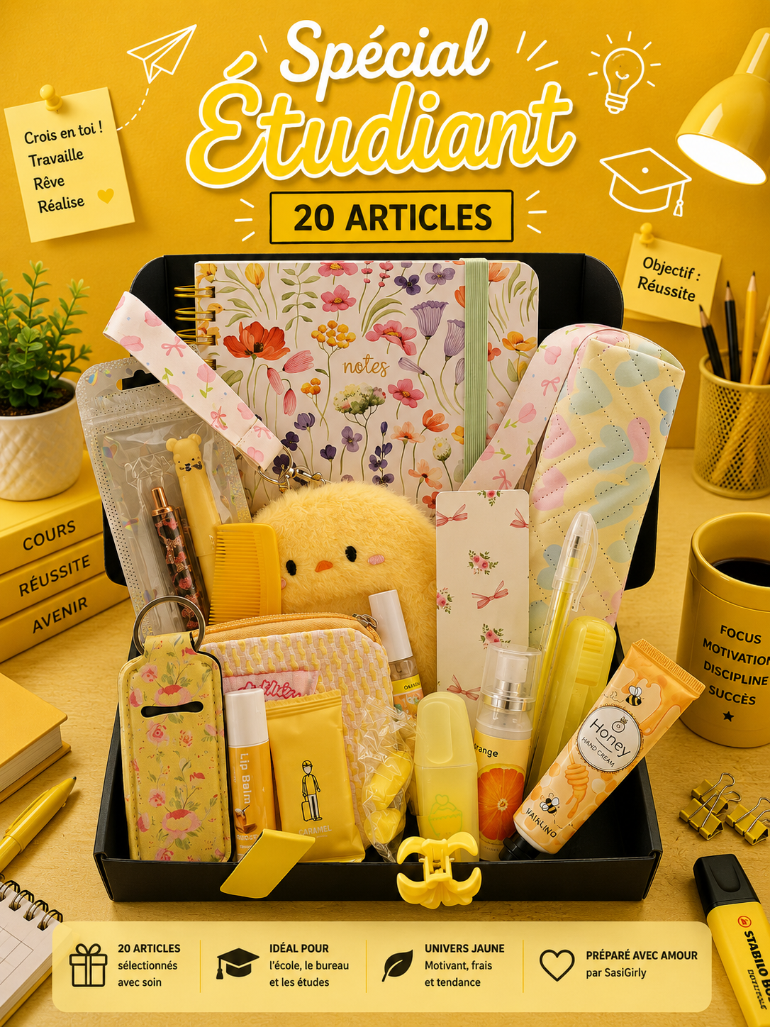 Coffret Spécial Étudiant Jaune – 20 Articles de soins et de papeterie