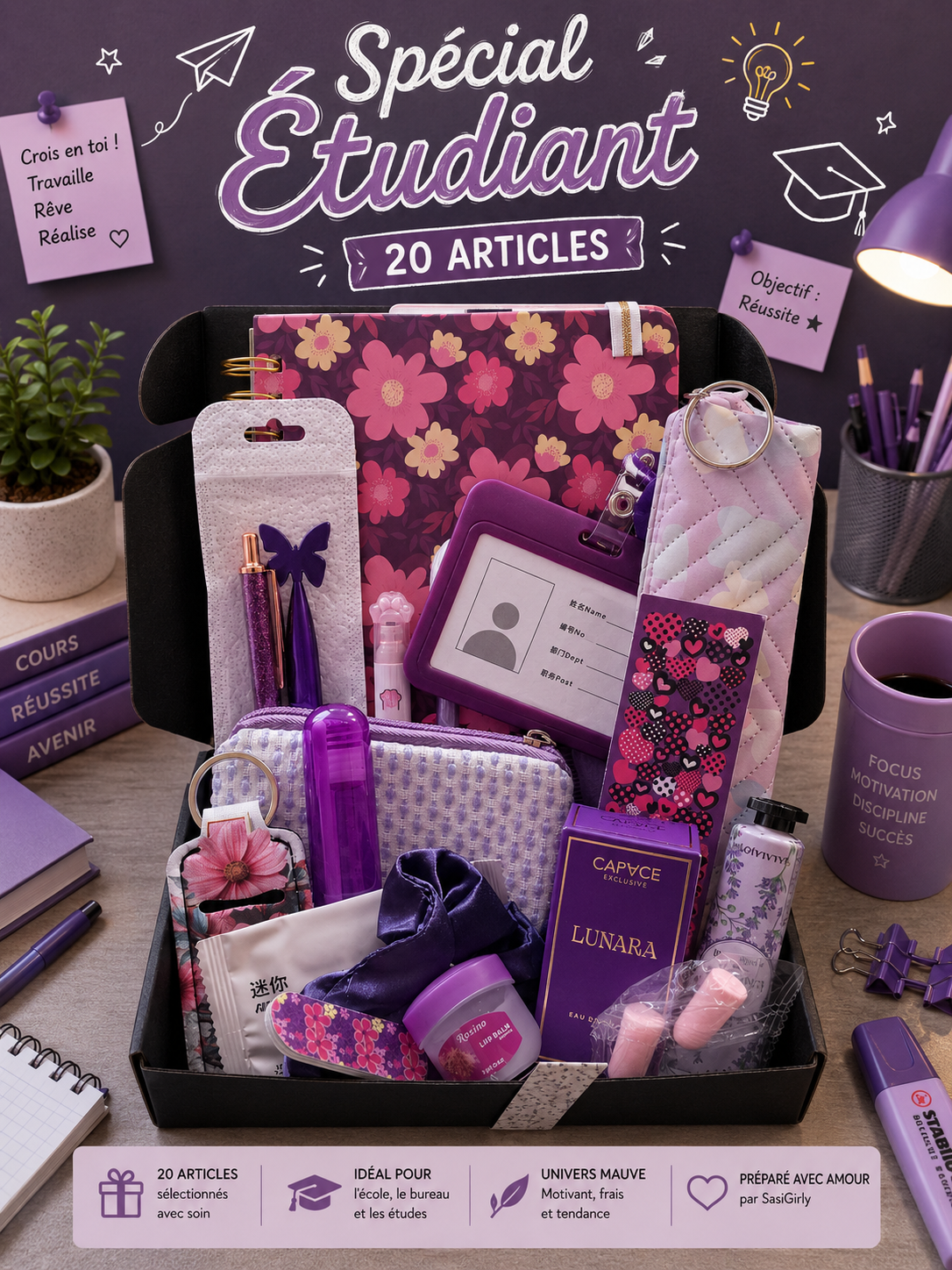Coffret Spécial Étudiant Mauve – 20 Articles de soins et de papeterie