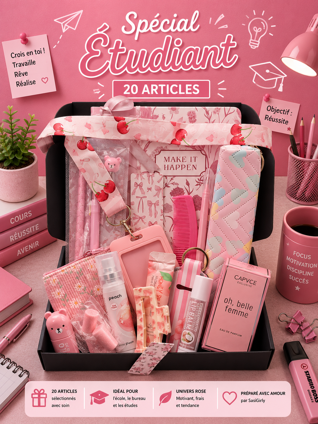 Coffret Spécial Étudiant Rose – 20 Articles de soins et de papeterie