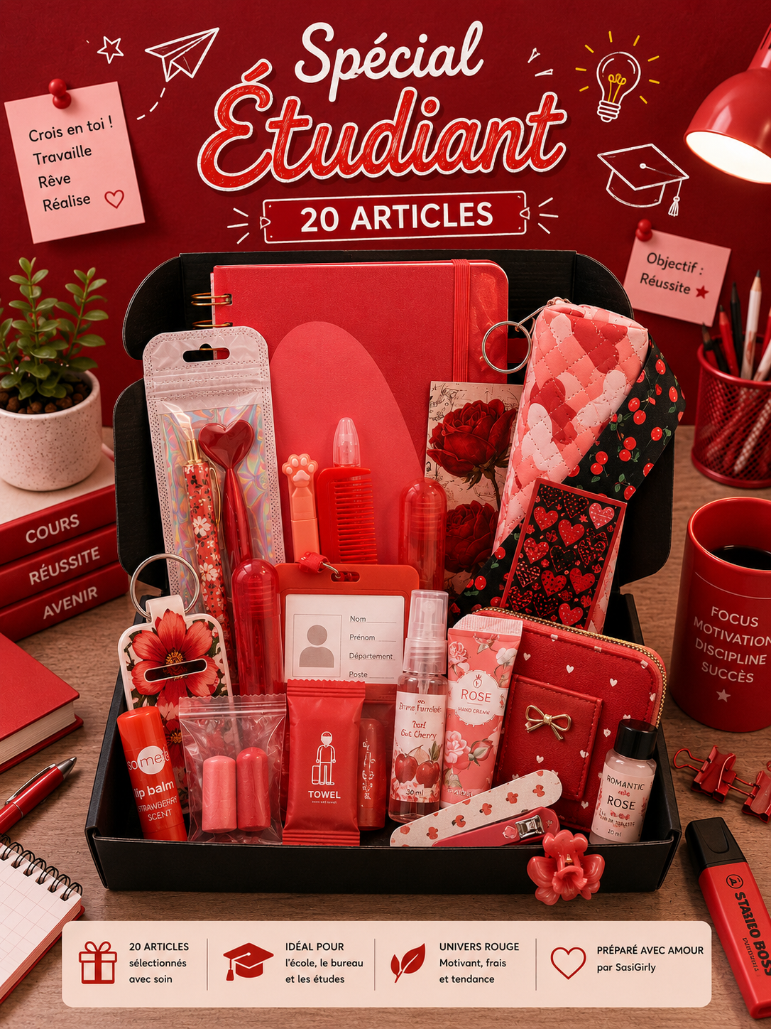 Coffret Spécial Étudiant Rouge – 20 Articles de soins et de papeterie