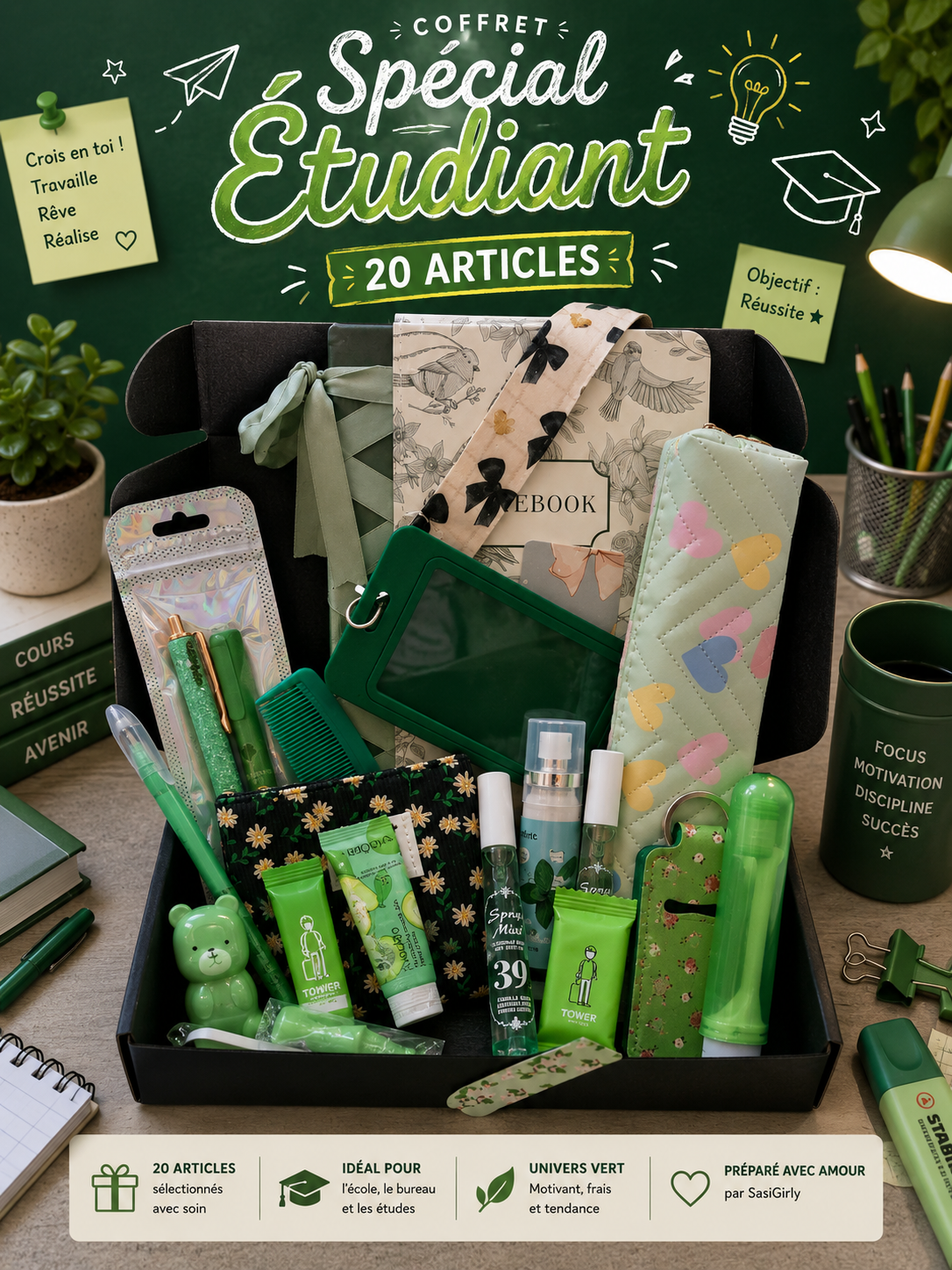 Coffret Spécial Étudiant Vert – 20 Articles de soins et de papeterie