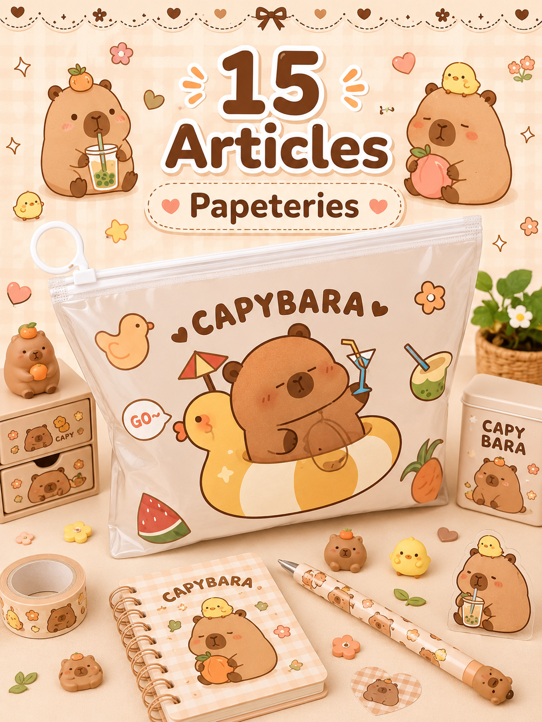 Pochette Mystère Capybara – 15 Articles de Papeterie Kawaii