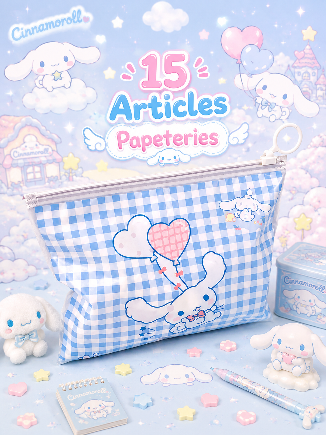Pochette Mystère Cinnamoroll – 15 Articles de Papeterie Kawaii