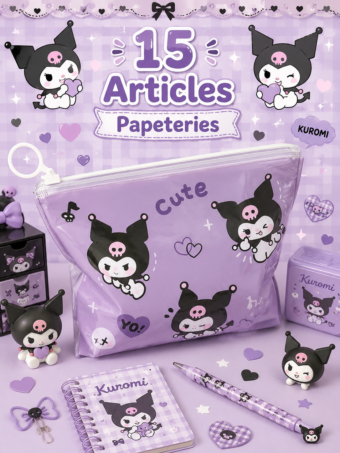 Pochette Mystère Kuromi – 15 Articles de Papeterie Kawaii