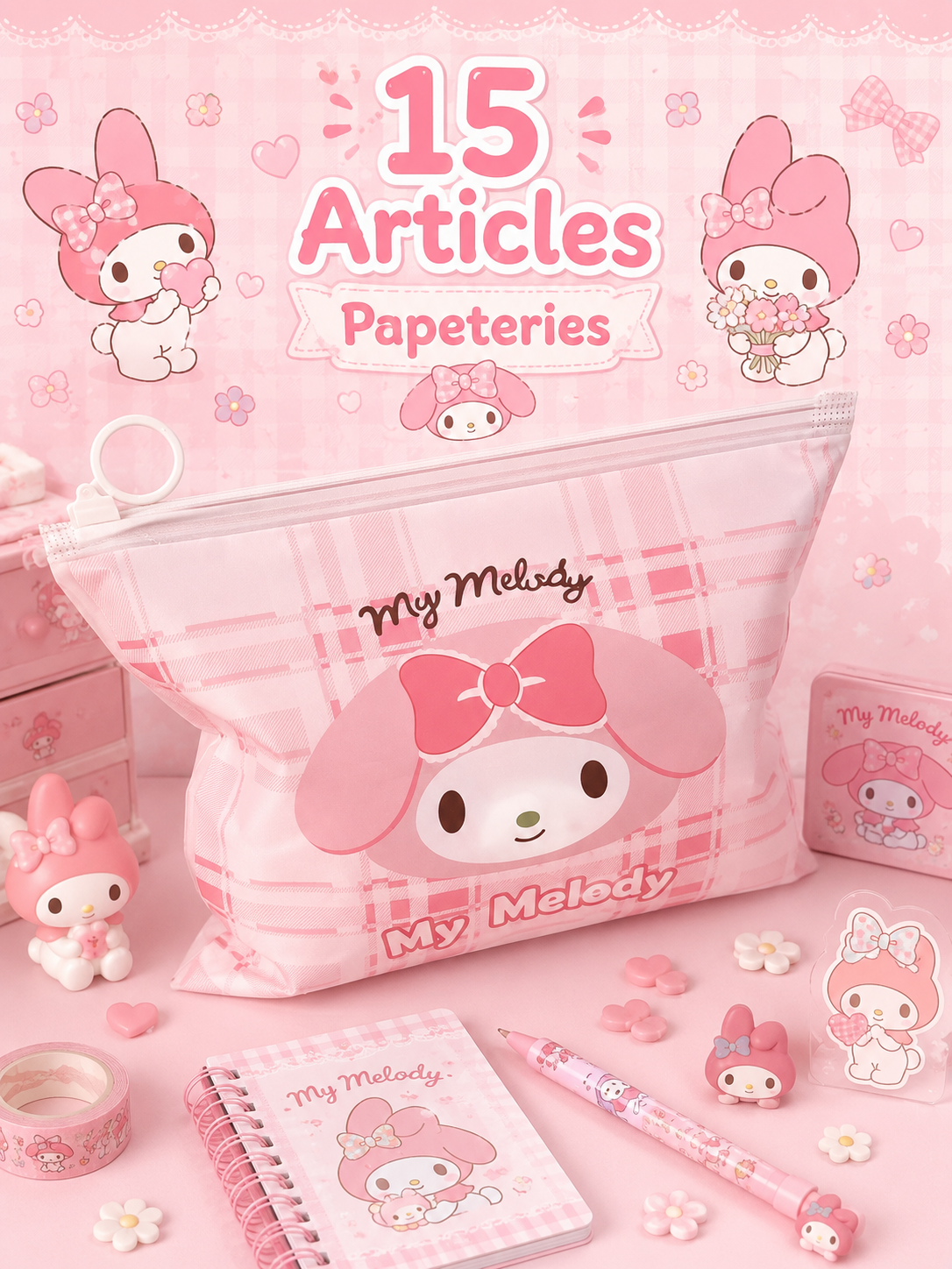 Pochette Mystère My Melody – 15 Articles de Papeterie Kawaii